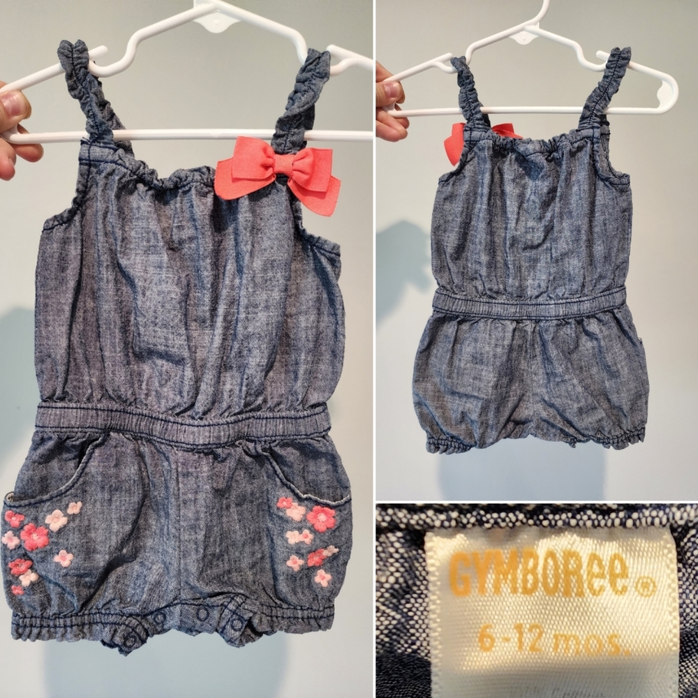 6-12m Gymboree Chambray 1 piece Romper with Embroidered Flowers